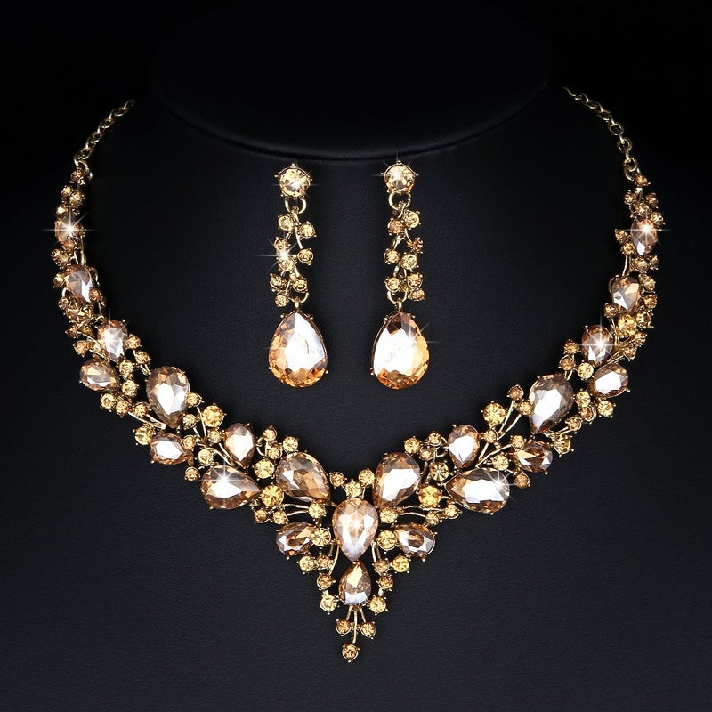 Molie Bridal Austrian Crystal Necklace and Earrings Jewelry Set Gifts fit with Wedding Dress(Champagne) - Image 2